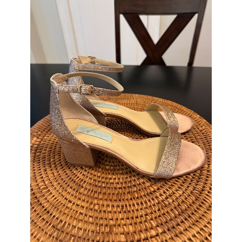 Betsey Johnson Rose Gold Glitter Block Heel Ankle Strap Sandals Womens Size 7.5